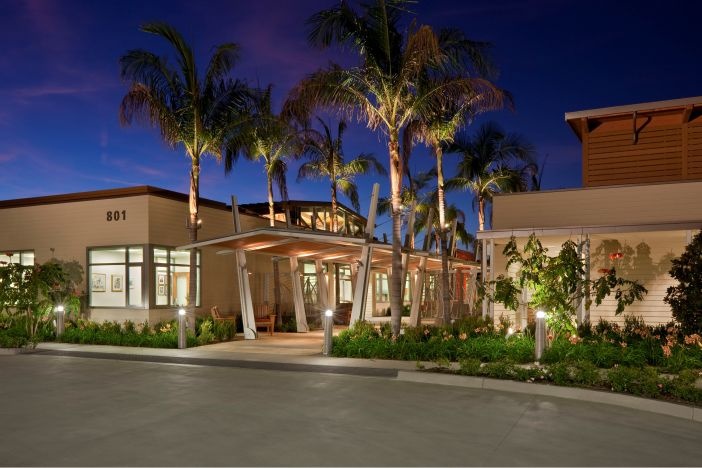 View of the OASIS senior center main entrance from the parking lot.