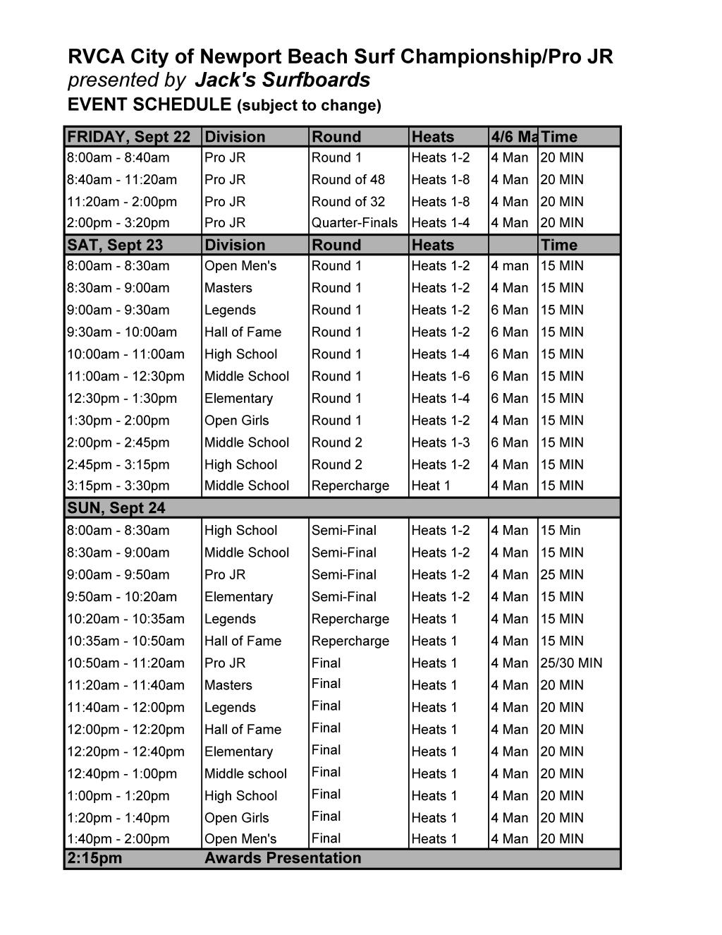 RVCA NB Draft Schedule