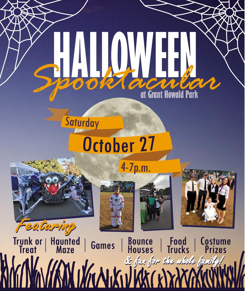 Spooktacular at Grant Howald Park, Halloween, Saturday October 27, 4-7 p.m., Featuring Trunk or Treat, Haunted Maze, Games, Bounce Houses, Food Trucks, Costume Prizes & fun for the whole family!