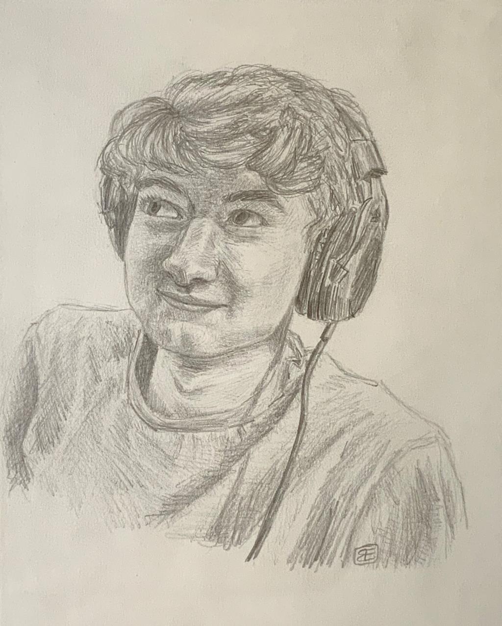 (age 15) "Eleanor found comfort during the pandemic through art and youtube, expressing herself often through portrait drawings of some of her favorite youtubers. This drawing is of the popular content created by the online name of 