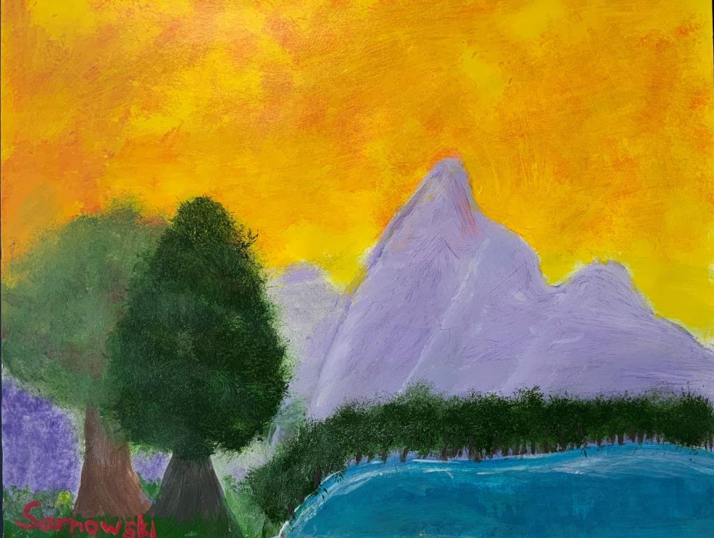 (age 12) "Evelyn is going into seventh grade next fall. She loves reading, writing, and drawing. She also enjoys dancing, gymastics, taekwondo, and going to the beach. Her painting was inspired by Bob Ross." 