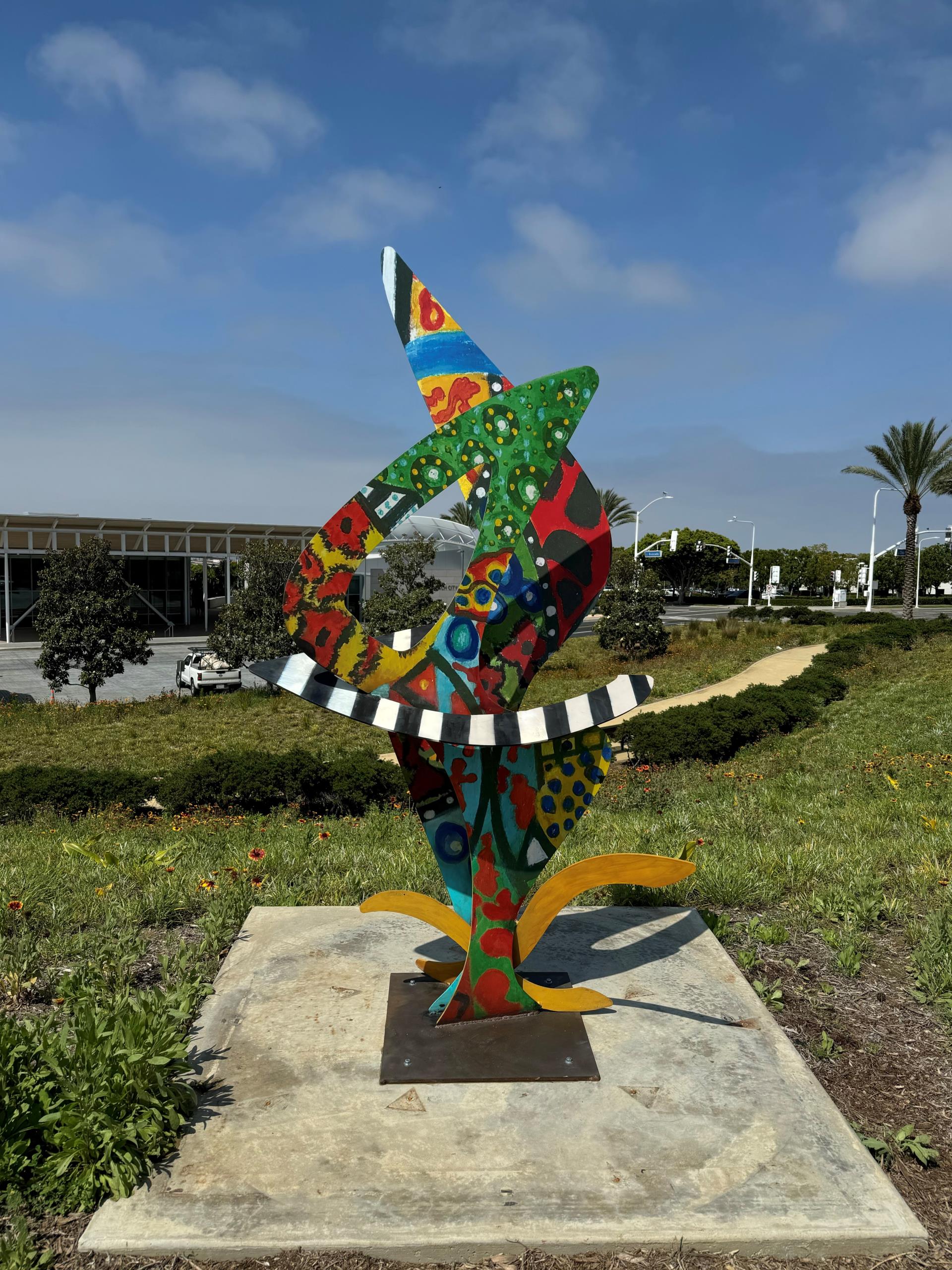 Colorful sculpture with various patterns - sculpture in Civic Center Park